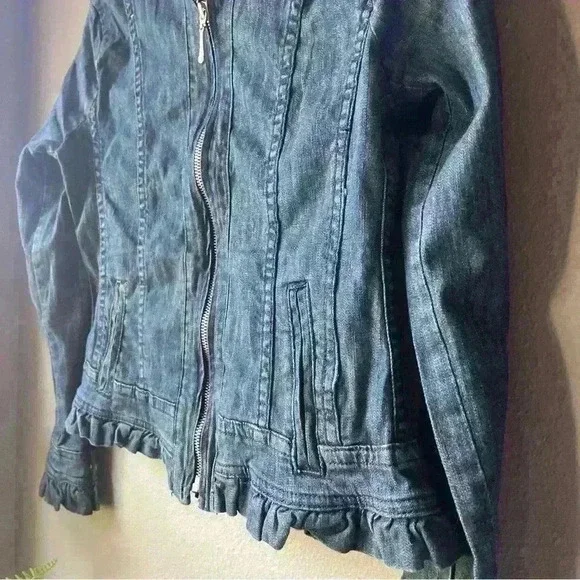CHRISTINE ALEXANDER Jean Jacket Ruffle Trim Rhinestone Buttons Denim XS - Picture 4 of 12